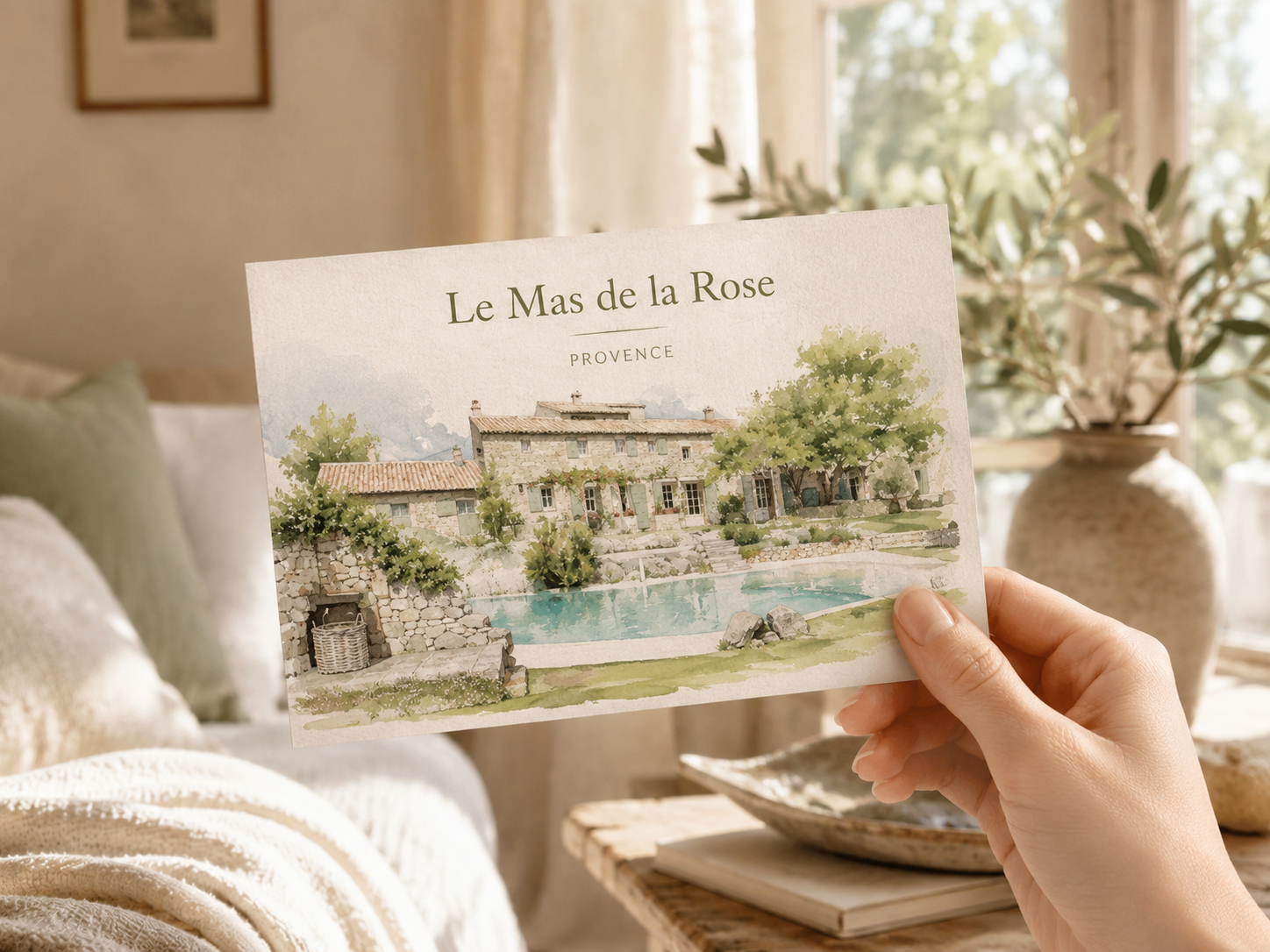 Carte postale tenue en main dans une chambre d'hôtel