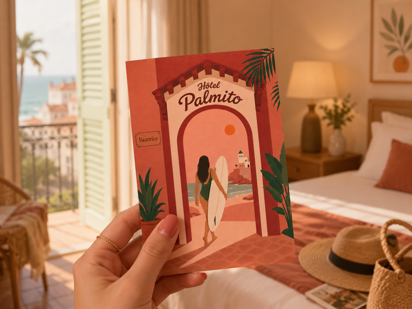 Carte postale posée sur le comptoir de réception